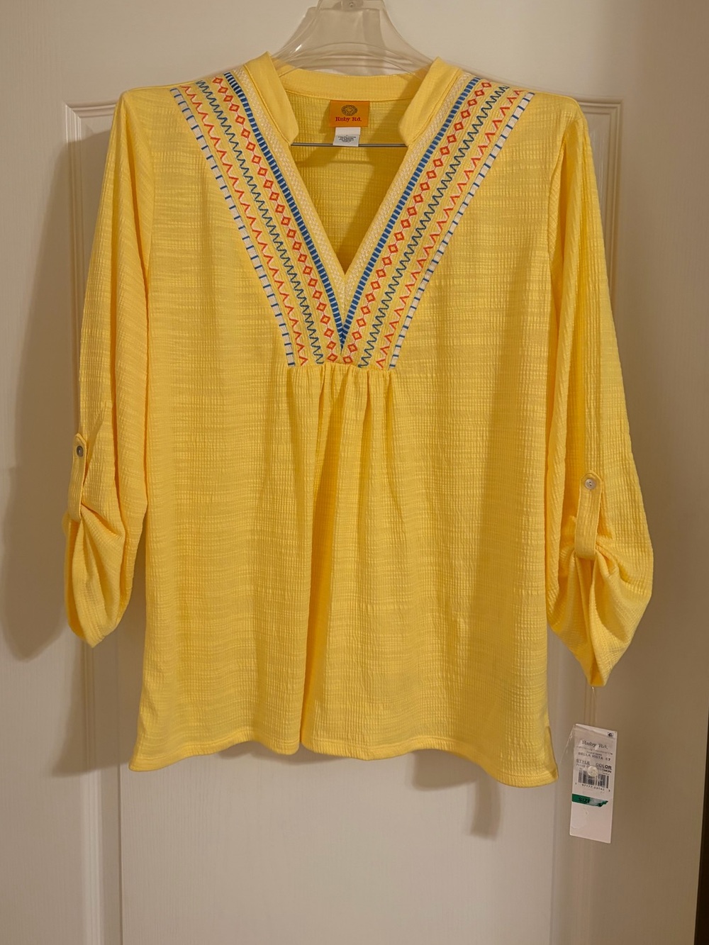 Ruby Rd. Lemon Yellow Embroidered V-Neck Tunic Sz large NWT